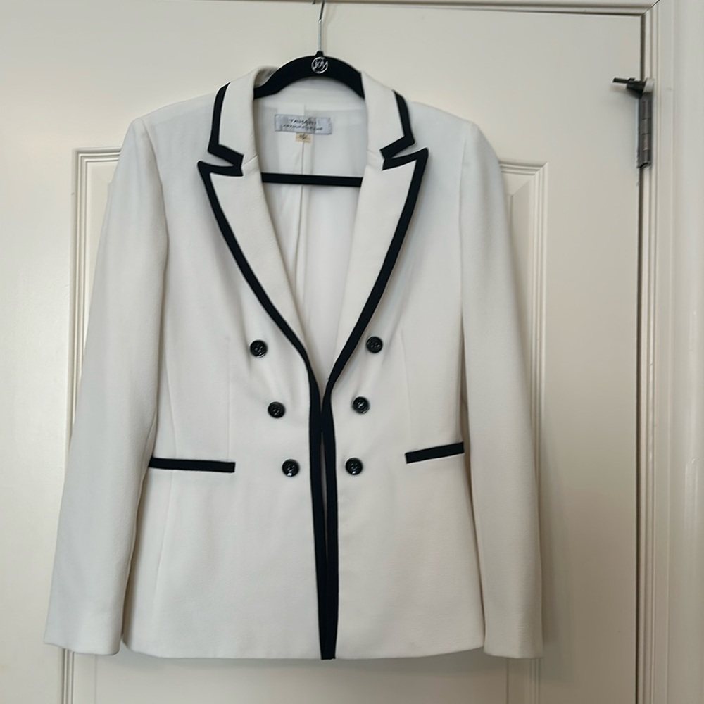 Tahari off white w/ black trim long blazer. Not too long.